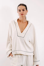 Load image into Gallery viewer, EADIE: EMPIRE BELLED HOODIE - WHITE WITH BLACK PIPING