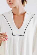 Load image into Gallery viewer, EADIE: EMPIRE STATEMENT MINI: WHITE WITH BLACK PIPING