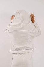 Load image into Gallery viewer, EADIE: EMPIRE BELLED HOODIE - WHITE WITH BLACK PIPING