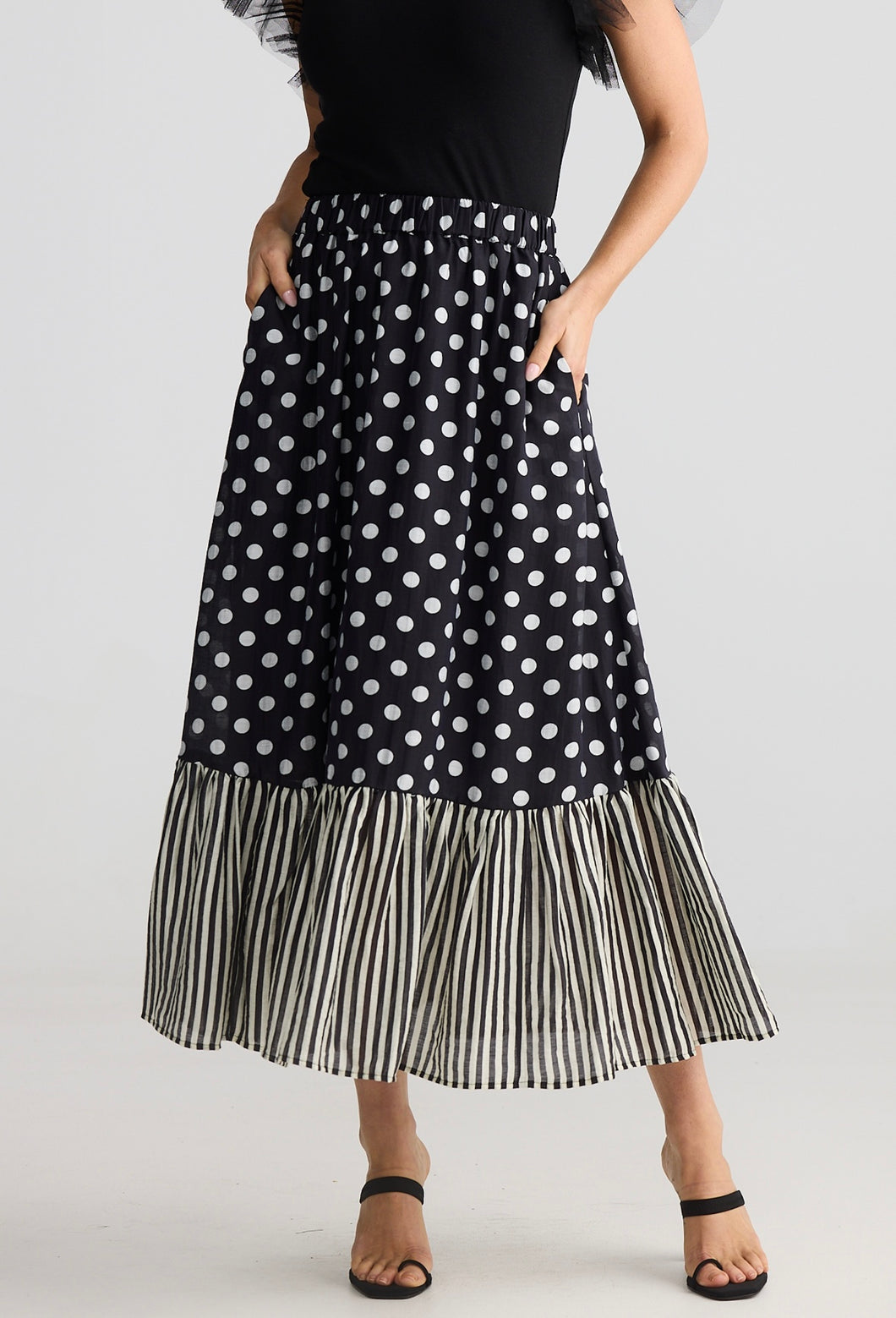 BRAVE & TRUE: ELLODY MIDI SKIRT - SPOT STRIPE