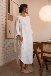 EADIE: CARTER MALLE LINEN DRESS - NUTMEG STRIPE