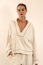 Load image into Gallery viewer, EADIE: EMPIRE BELLED HOODIE - WHITE WITH BLACK PIPING
