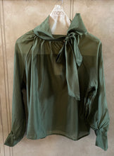 Load image into Gallery viewer, URBAN LUXURY: LILY PUSSY BOW BLOUSE - OLIVE
