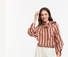Load image into Gallery viewer, URBAN LUXURY: STRIPE BOW BLOUSE - PINK/BROWN
