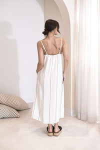 EADIE: CARTER LINEN MIDI DRESS - OFF WHITE W/- CHARCOAL STRIPE