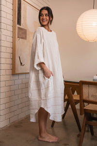 EADIE: CARTER MALLE LINEN DRESS - NUTMEG STRIPE