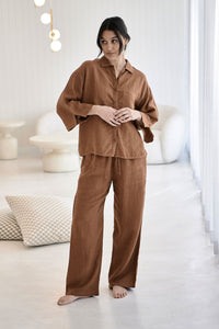 EADIE: FUNDAMENTAL WIDE LEG LINEN PANT - NUTMEG