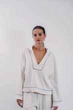 Load image into Gallery viewer, EADIE: EMPIRE BELLED HOODIE - WHITE WITH BLACK PIPING
