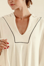 Load image into Gallery viewer, EADIE: EMPIRE BELLED HOODIE - WHITE WITH BLACK PIPING
