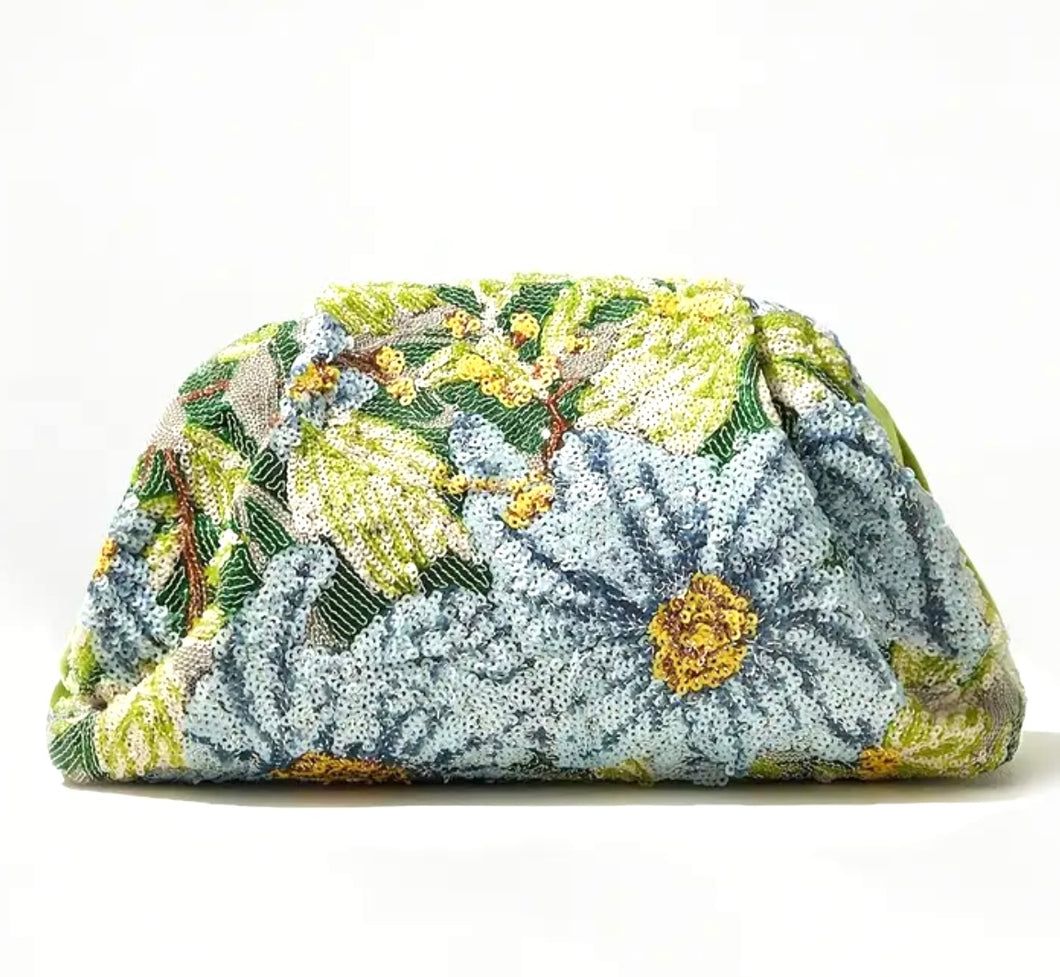 MISS MOSS: MILLA FLORAL CLUTCH - BABY BLUE/GREEN