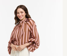 Load image into Gallery viewer, URBAN LUXURY: STRIPE BOW BLOUSE - PINK/BROWN
