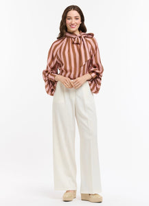 URBAN LUXURY: STRIPE BOW BLOUSE - PINK/BROWN