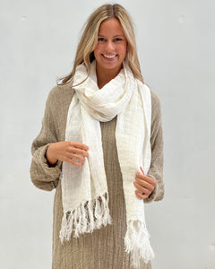 RUSTIC LINEN: VACAY SCARF - IVORY WITH FRINGE