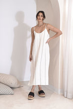 Load image into Gallery viewer, EADIE: CARTER LINEN MIDI DRESS - OFF WHITE W/- CHARCOAL STRIPE
