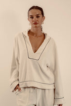 Load image into Gallery viewer, EADIE: EMPIRE BELLED HOODIE - WHITE WITH BLACK PIPING
