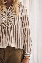 Load image into Gallery viewer, MAMAPAPA: BONBON FRILL STRIPE BLOUSE - OFF WHITE
